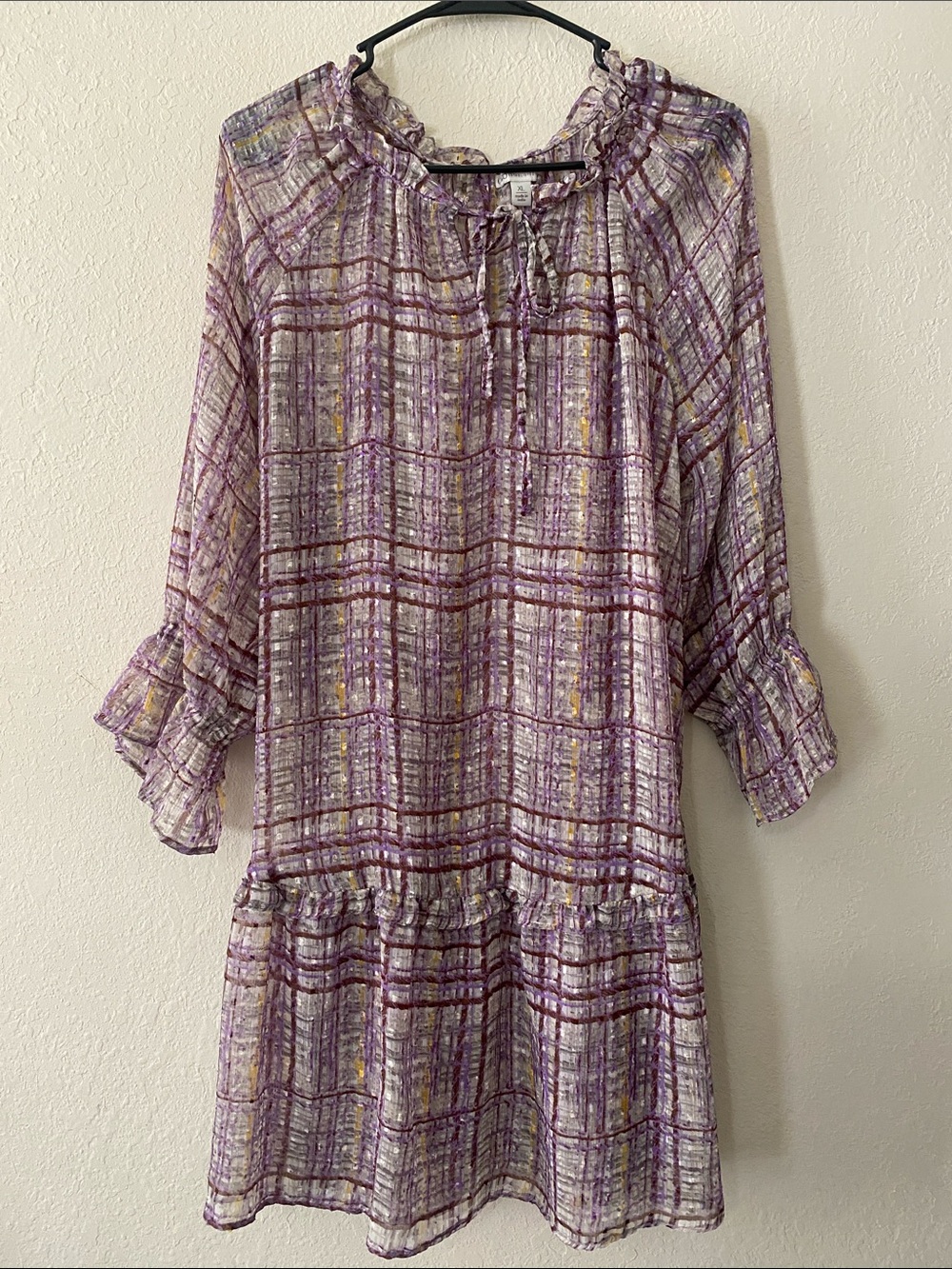 Cato Lavender Plaid Ruffle-Neck Sheer Mini Dress - Picture 2 of 11